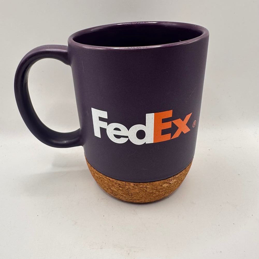 FedEx Purple Matte Ceramic Coffee Mug with Integrated Cork Bottom Base Coaster